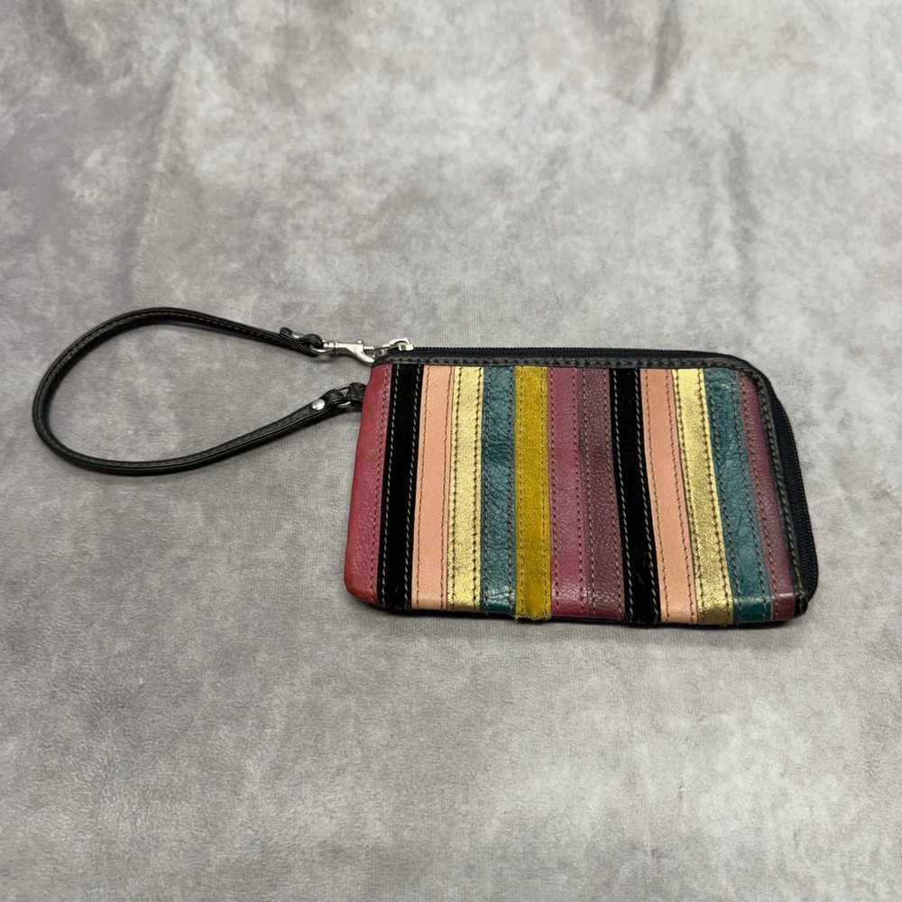 Fossil Wristlet Wallet Women Small Multi Striped Leather Suede L-Zip Clutch